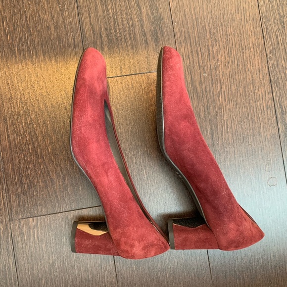 Burgundy Stuart Weitzman Suede Low Block Heels - Picture 2 of 6